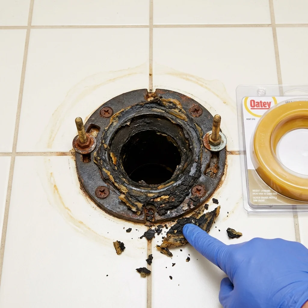 Failed wax ring showing water seepage at the base of a toilet in a Montague, TX home