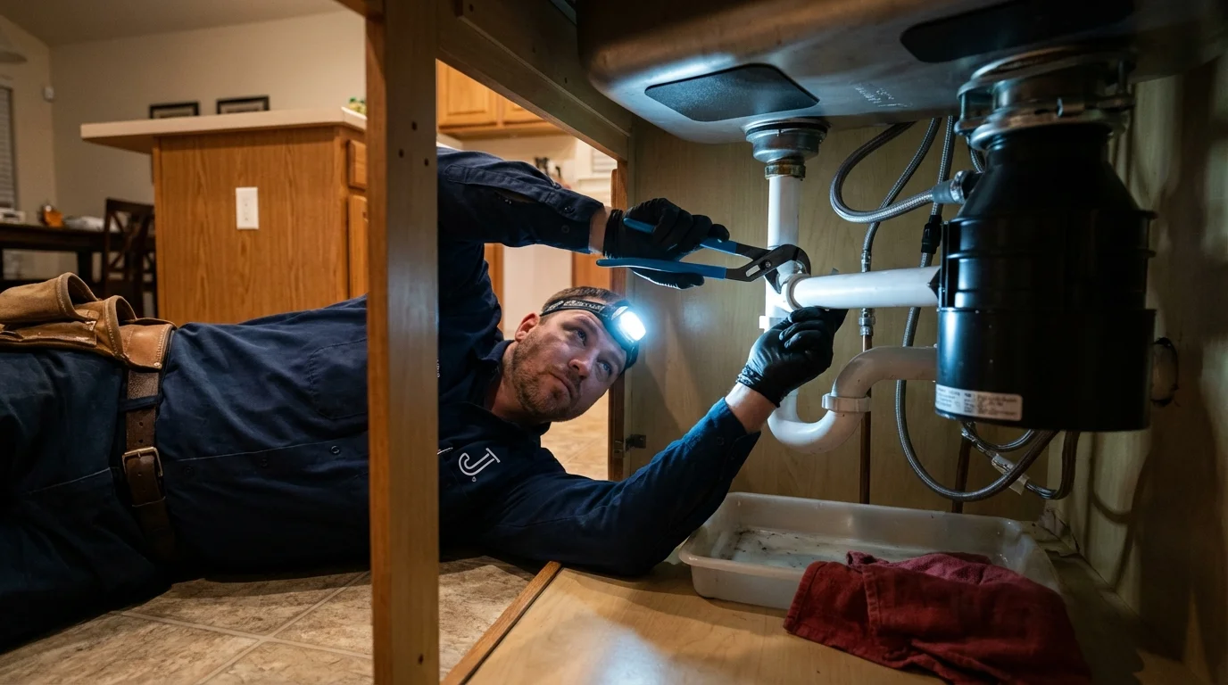 P-trap and supply line connections under a kitchen sink showing a common leak point in Montague, TX